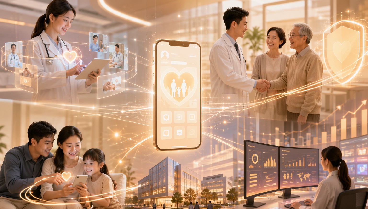 医疗健康数字化转型场景图,展示公众号运营在患者信任建立和品牌建设中的实际效果,暖色调科技风,无文字无水印