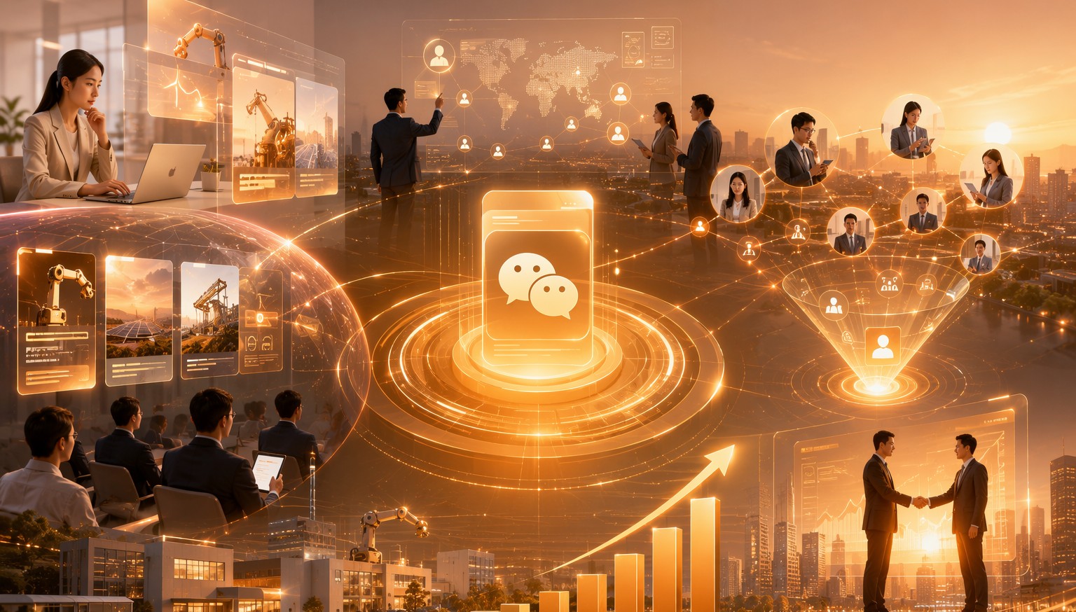 B2B企业数字化转型场景图,展示公众号运营在专业品牌建立和精准获客中的实际效果,暖色调科技风,无文字无水印