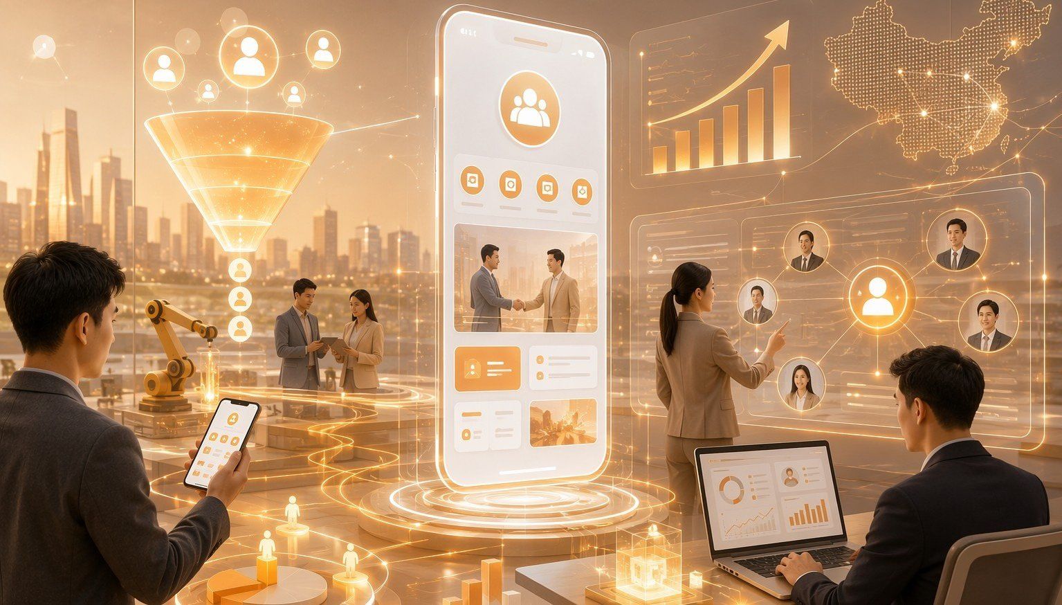 B2B企业数字化转型场景图,展示小程序在企业服务获客和客户管理中的实际应用效果,暖色调科技风,无文字无水印